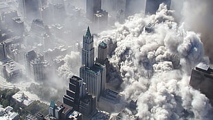 gray buildings, Twin Tower, disaster, dust, smoke