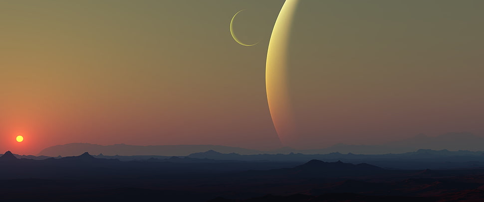 mountain and golden hour, space, planet, Sun, Moon HD wallpaper