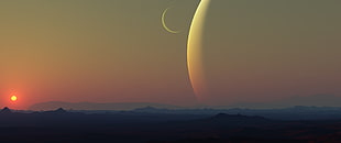 mountain and golden hour, space, planet, Sun, Moon