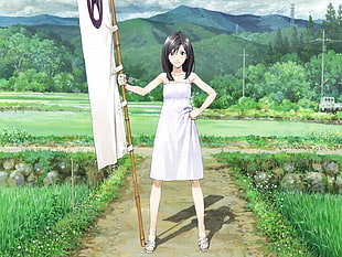 female anime character in white tube dress holding flag