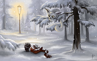 white cat on tree illustration, fantasy art, winter, lantern