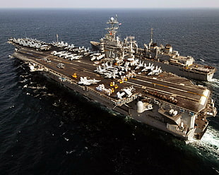 gray and black aircraft carrier ship, warship, aircraft carrier, military, ship HD wallpaper