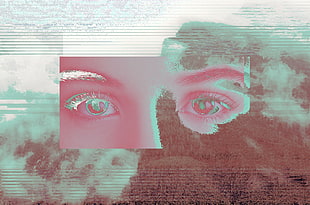 human eyes, glitch art, eyes, mountains HD wallpaper