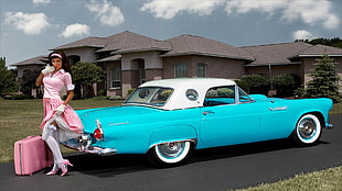 teal and white convertible coupe, Oldtimer, car, pinup models HD wallpaper