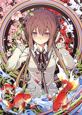 brown-haired female anime character, manga, headphones, brunette, ribbon