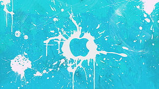 teal and white splash Apple logo digital wallpaper