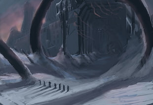 grey tunnel on snowfield digital wallpaper, fantasy art, Birakh