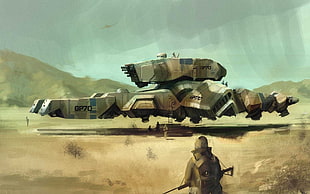 soldier standing in front of brown GP70 military vehicle vector art, fantasy art