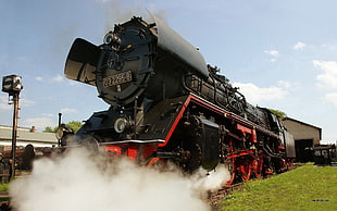 black and red train, train, vintage, steam locomotive, vehicle HD wallpaper