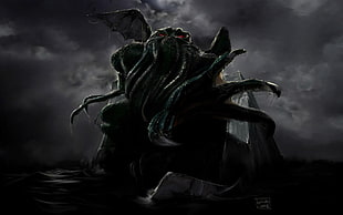 monster illustration, horror, Cthulhu, Cthulu, dark