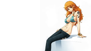 orange haired female anime character in blue bra and black jeans outfit sitting on white surface