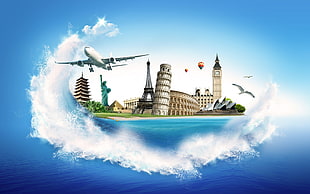 Leaning tower of Pisa illustration, artwork, airplane, Statue of Liberty, water