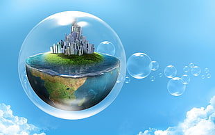 planet earth inside bubble illustration, fantasy art, bubbles, digital art, sphere