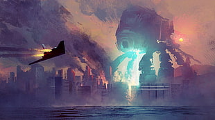 digital painting of stealth bomber and robot, artwork, fantasy art, concept art, robot