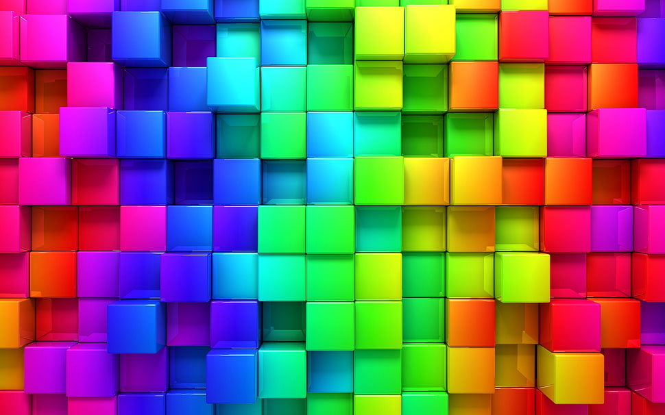 blue, green, yellow, pink and red cubes illustration HD wallpaper