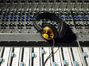 yellow and black corded headphones, headphones, black, white, AKG