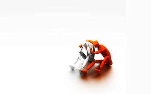 orange and white male figures, white background, figurines, simple background, digital art