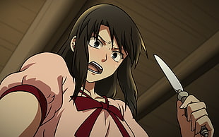 black hair anime character holding knife illustraiton HD wallpaper
