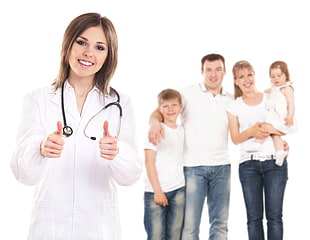 woman in white lab gown with family of four