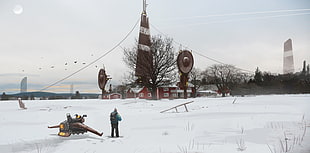 white snow field painting, artwork, futuristic, digital art, snow