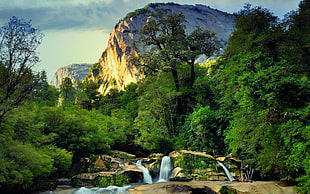 green trees, sunset, waterfall, mountains, Chile HD wallpaper