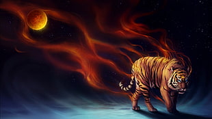 tiger with red aura digital wallpaper, tiger, fire