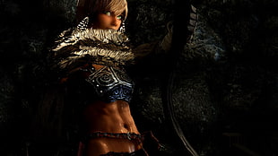 female archer fantasy game wallpaper, The Elder Scrolls V: Skyrim, body oil, Source Filmmaker, green eyes