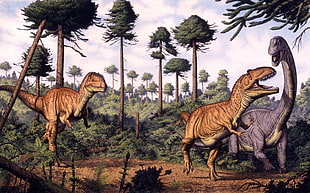 three yellow and blue dinosaurs illustration, dinosaurs, drawing, Brachiosaurus, fighting HD wallpaper