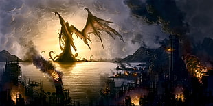 illustration of monster near city, fantasy art, demon, destruction