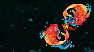 two orange fish, simple, simple background, fish, digital art HD wallpaper