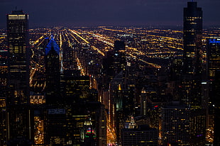 high angle photo of lighted city