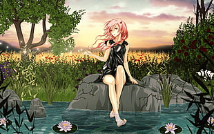 pink haired anime girl sitting on stone near body of water