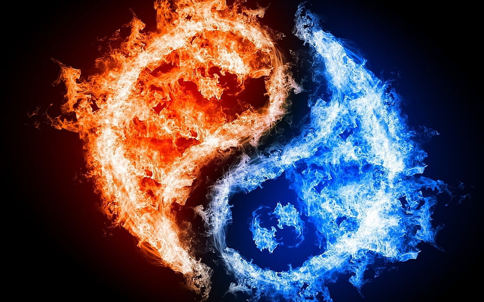 red and blue fire Yin-Yang, Yin and Yang, fire, water, digital art HD wallpaper