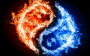 red and blue fire Yin-Yang, Yin and Yang, fire, water, digital art