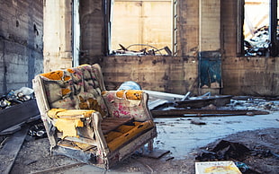 brown sofa chair, ruin, abandoned, old building, armchairs