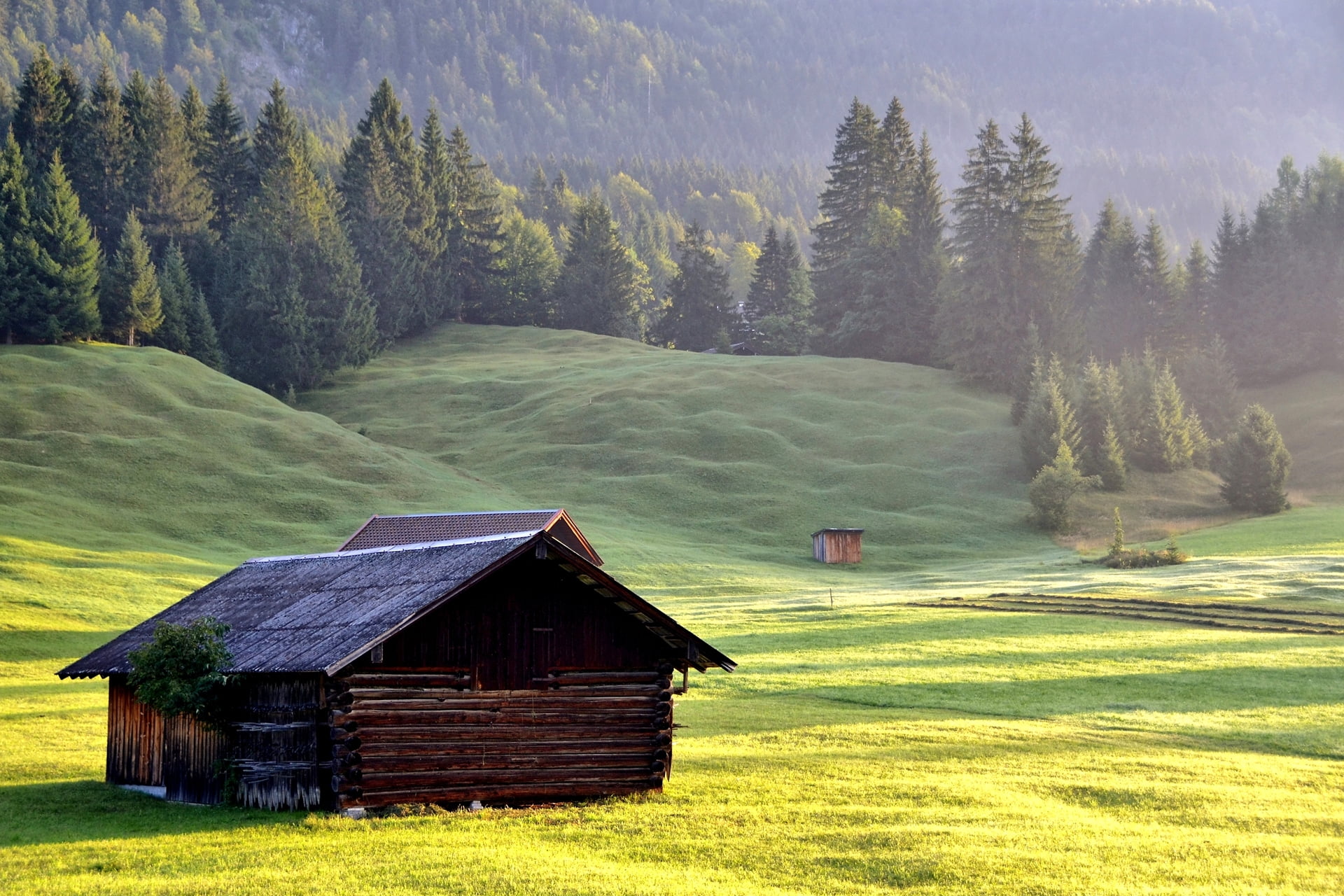 brown wooden house and green grass field