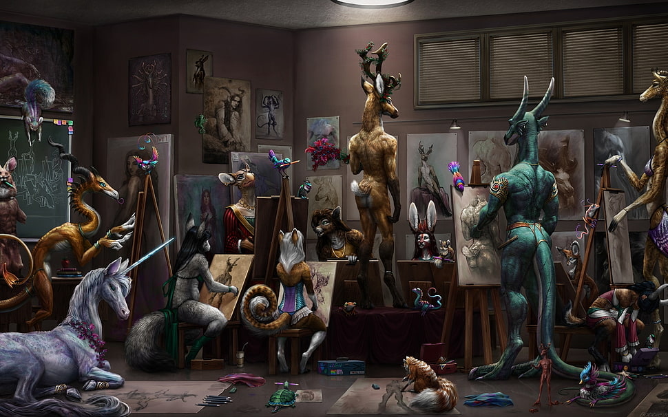 group of mythical creatures in art room HD wallpaper