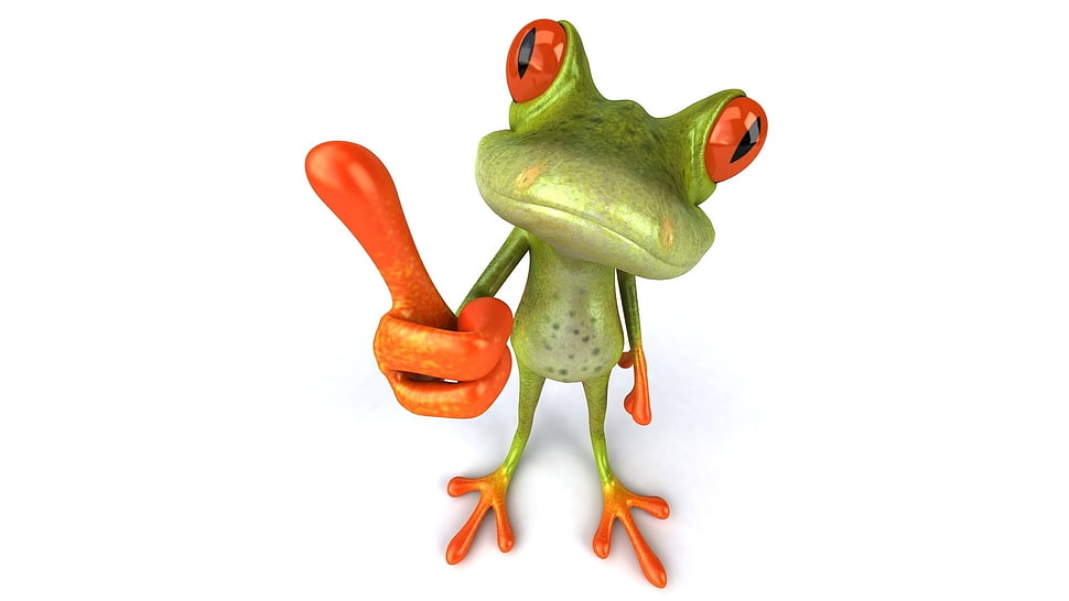green and orange frog, digital art, animals, 3D, fingers HD wallpaper