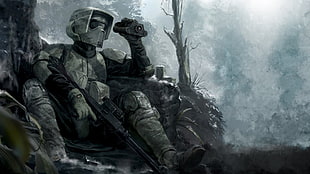person wearing army suit holding rifle and binoculars sitting near tree digital wallpaper HD wallpaper