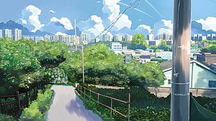 animated urban city, illustration, sky, clouds, city