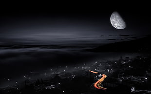 illustration of city houses during nighttime, nature, night, long exposure, Moon