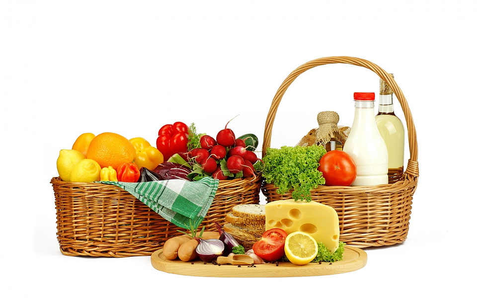 assorted fruits in baskets HD wallpaper