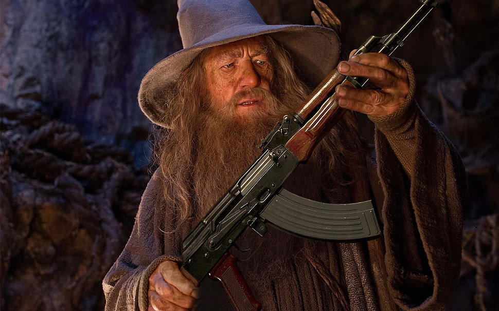 black and brown AK-47, Gandalf, The Lord of the Rings, gun, AKM HD wallpaper
