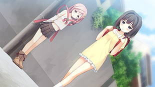 two anime girls wearing dresses walking and standing near pole illustration