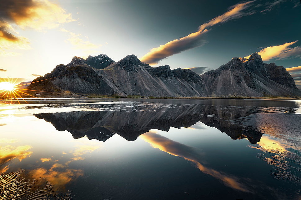 mountain covered with snow, mountains, clouds, lake, reflection HD wallpaper