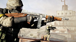 brown and black wooden table, machine gun, submachine gun, video games, Battlefield Bad Company 2 HD wallpaper