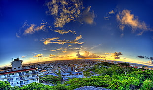 green trees, clouds, cityscape, sky, Okinawa Prefecture
