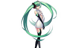 green hared female with white sleeveless dress anime character