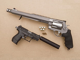 black semi-automatic pistol, gun, revolver, pistol, suppressors HD wallpaper