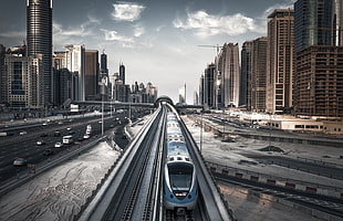 blue and grey train, photography, train, tracks, architecture